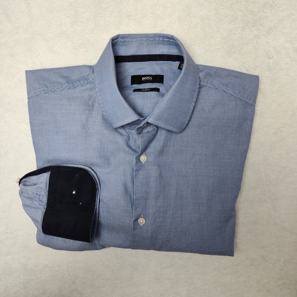 Hugo Boss Shirt Men 15 Blue Geometric Slim Jesse Dress Spread Collar Barrel Cuff